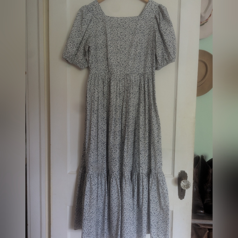 Doen Dune Dress Blue White Floral Puff Sleeve Midi Dress Medium
